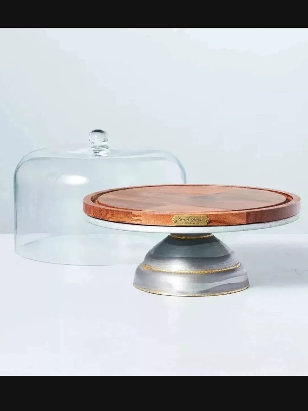 NWT Hearth & Hand Magnolia Rustic Glass Dome Cake Stand with Wooden Base